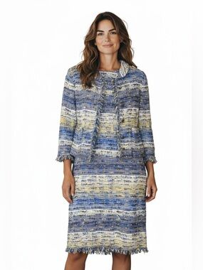 St. John Blue yellow white Tweed wool silk Jacket and Dress Set 16 xxl